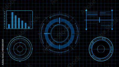 Futuristic interface displaying data visualizations on a dark blue grid