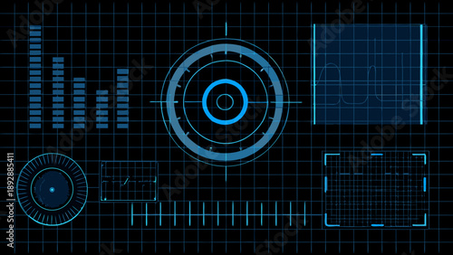 Futuristic interface display with radar graphs and technical indicators