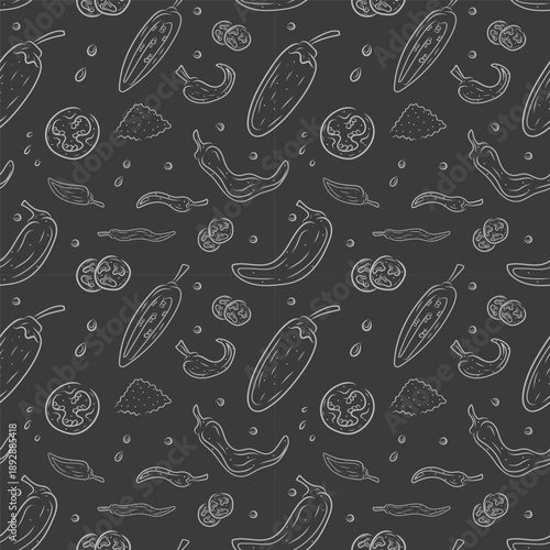 Hand drawn chili pepper seamless pattern, hot chili pattern vintage background