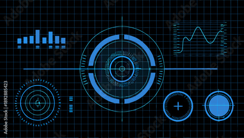 Futuristic data visualization with glowing blue lines and circular elements