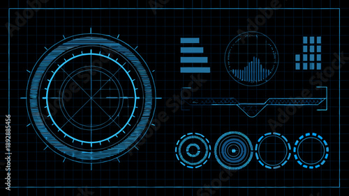 Futuristic interface elements displayed on a dark blue digital background
