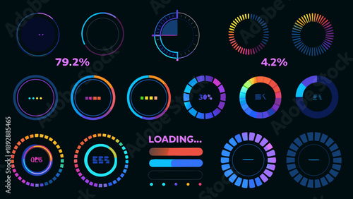 Collection of colorful circular loading progress indicators and percentage displays