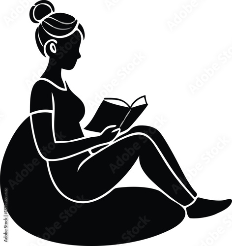 Reader's Solitude Silhouette Serenity Black and White Beanbag Reading Book Leisure Literature Library Literary Serene Relaxation