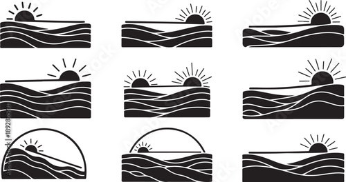 Black and white ocean sunrise illustrations set of nine