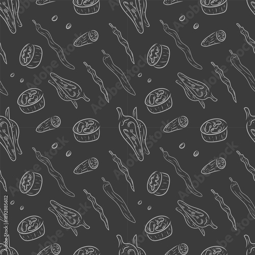 Hand drawn chili pepper seamless pattern, hot chili pattern vintage background