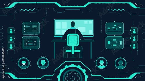 A futuristic depiction of a person working at a high tech control station