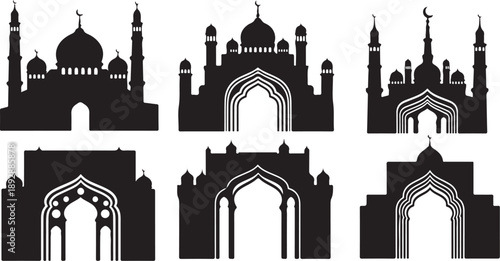 Islamic Architecture Silhouettes of Mosques and Arches in Black