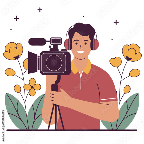 Energetic Videographer Capturing Moments Vector Illustration of Male Camera Operator Surrounded by Stylized Floral Elements