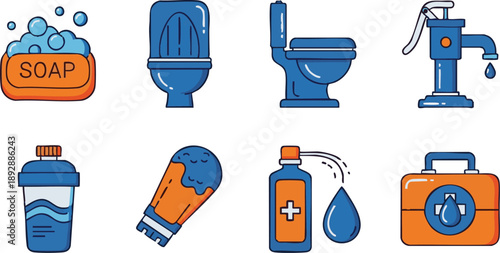 Hygiene and Sanitation Line Icon Set: Hand Washing, Toilet, First Aid Kit, and Cleaning Supplies for Public Health and Safety