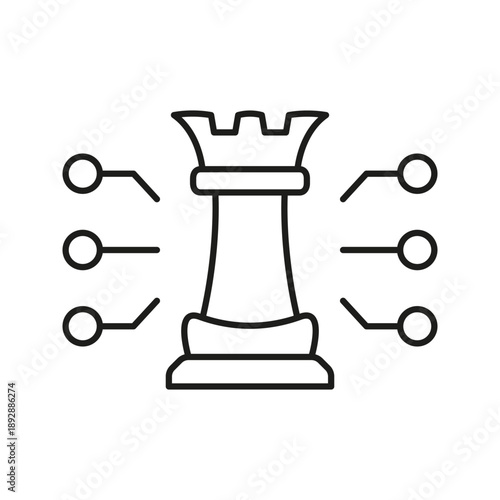 Chess Rook With Connected Nodes Line Icon. Strategic Planning And Decision-Making Outline Symbol. Chess Strategy And Network Analysis. Editable Stroke. Isolated Vector Illustration