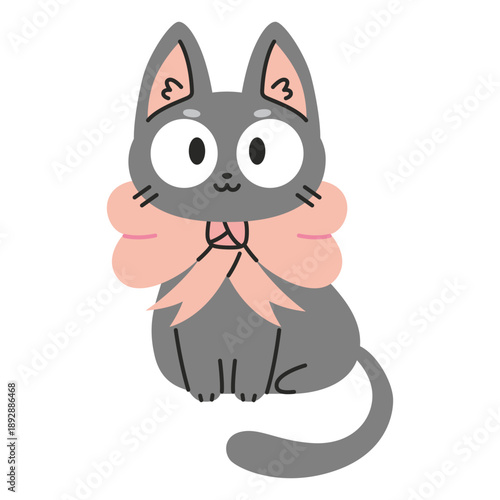 Cute shy cat with big pink bow is sitting . Trendy modern vector illustration isolated on white background, hand drawn, flat design