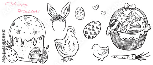 Hand drawn Easter set with cake, bunny ears, hen, chick, and decorated eggs. Vector sketch illustration in vintage doodle crayon charcoal style