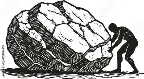 Silhouette of a man pushing a large rock upward. Concept of struggle, sisyphean task, hard work, and determination. Vector illustration