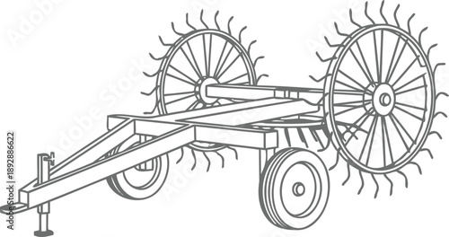 Outline drawing of a hay rake farm implement with large wheels and tines. Agriculture and farming concept. Vector illustration for design element