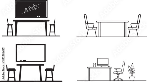 Modern Office Setup with Desks and Chairs in Various Configurations