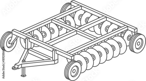 Farm disc harrow icon, soil tilling agriculture equipment for field preparation, farming machinery graphic. Vector isometric illustration for farming concept
