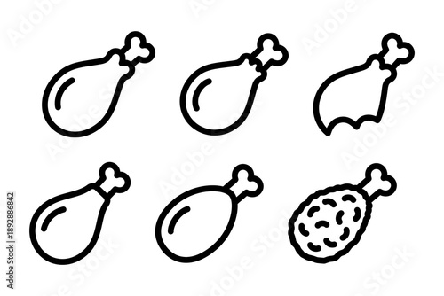 Chicken leg icon set in outline style. Collection of poultry drumsticks including cooked, bitten and classic forms for food design and visual communication.