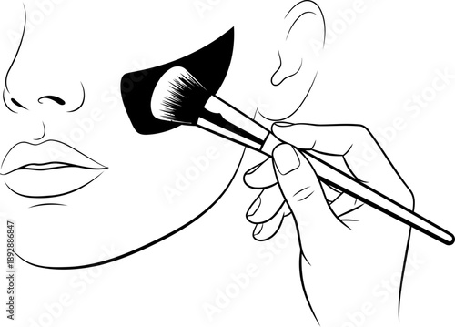 Woman hand applying makeup foundation or blush with brush on cheek. Beauty salon procedure. Outline black and white facial cosmetics. Vector illustration for beauty design
