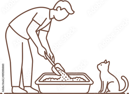 Man cleaning cat litter box with scoop, cat watching process. Pet care and hygiene concept. Minimalist line art vector illustration