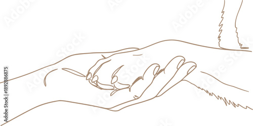 Hand of a woman holding a dog paw in a simple outline style. Pet care and companionship concept. Vector illustration for greeting card, banner