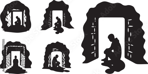 Silhouette of a person in various cave entrances praying