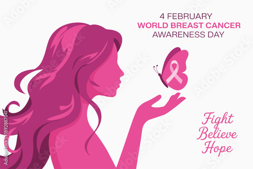 World Breast Cancer Awareness Day February 4 Poster Featuring Pink Ribbon Butterfly and Woman Silhouette for Medical Hope and Health Support