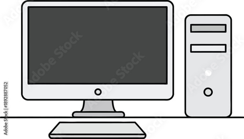 A desktop computer with a monitor tower and keyboard on a white surface against a white background