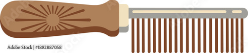 A close-up of a vintage wooden hair comb with a brown handle and gray metal teeth on a white background