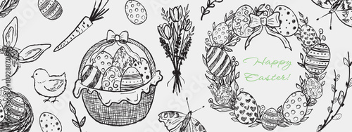 Hand drawn Easter composition with eggs, basket, chick, bunny ears, carrot, butterfly, tulip bouquet, and wreath. Vector sketch illustration in vintage crayon charcoal style. Greeting card