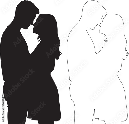 Black silhouette and outline of couple kissing