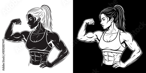 Female bodybuilder silhouette flexing an arm and showing muscular upper body in a strong fitness pose.
