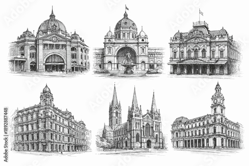 Historic European Architecture and Classical Landmarks Hand-Drawn Engraving Illustration Set
