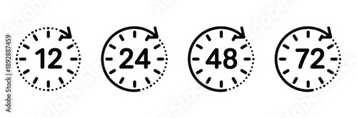 Hours Clock Arrow Icon Illustration, vector showing 12 24 48 72 hour delivery times for special offers, work schedule, and service concept design.