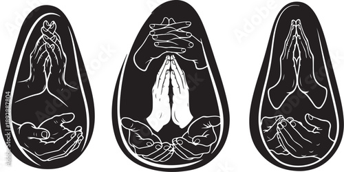 Praying hands in different positions and styles illustration set
