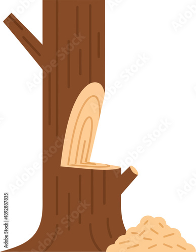Tree trunk with cut section and wood shavings on white background