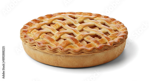Photorealistic studio photograph of a whole classic apple pie, freshly baked and isolated on a pure white seamless background