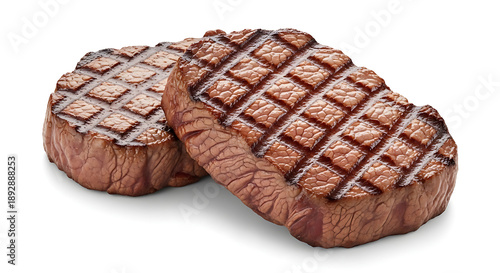Photorealistic studio photograph of two thick, juicy barbecue beef steaks, perfectly grilled and isolated on a pure white seamless background.
