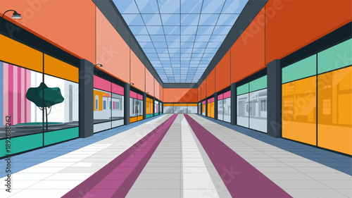 Stylized flat vector illustration of a modern shopping mall interior with geometric floor, glass atrium ceiling, colorful panels and clean minimalist storefronts