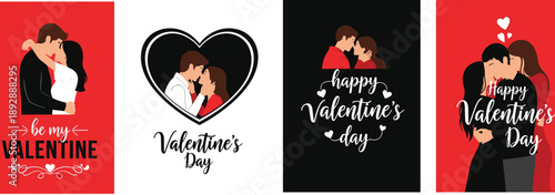 Happy Valentine's Day Romantic Couple Collection, Minimalist Flat Vector Illustration of Lovers Kissing, Heart Shape Design, CAD Drawing Style Graphics.