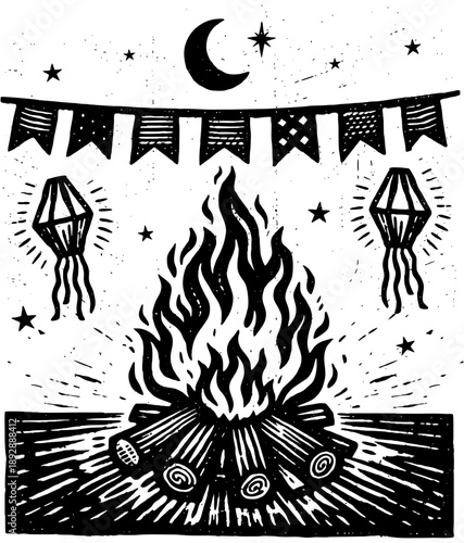 Sao Joao Festival Woodcut-xylograph Illustration with Bonfire and Pennant Flags