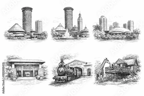 Vintage Industrial Buildings, Factory and Railway Hand-Drawn Sketch Illustration Set