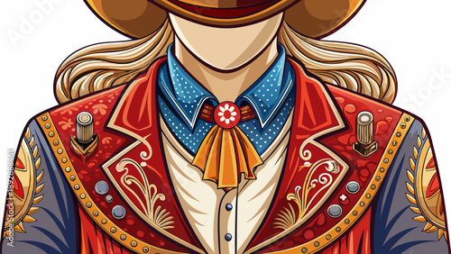 Very beautiful close-up of a classic American cowgirl women’s outfit featuring embroidered western fabric and refined stitching, isolated on white background, showcasing iconic rural fashion heritage.