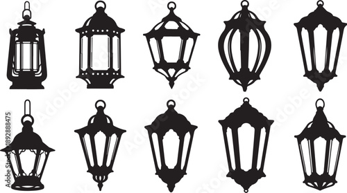 Collection of various hanging lanterns in black silhouette style