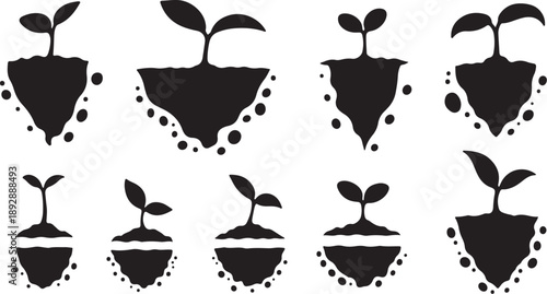 Black Silhouette of Seedlings Growing in Soil Pots