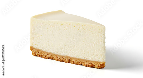Photorealistic studio photograph of a classic cheesecake slice, freshly prepared and isolated on a pure white seamless background.