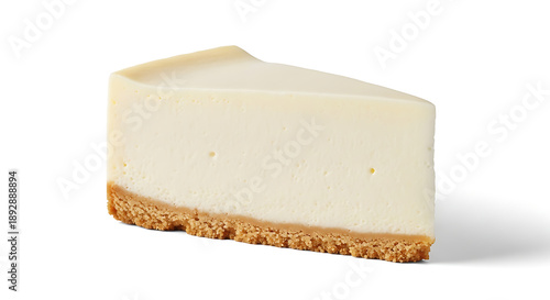 Photorealistic studio photograph of a classic cheesecake slice, freshly prepared and isolated on a pure white seamless background.