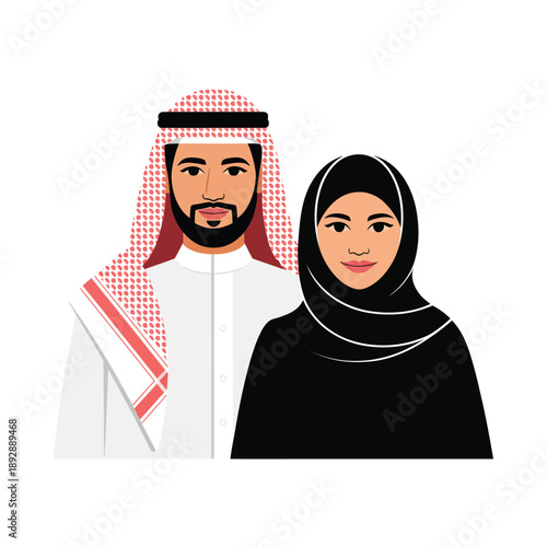 A Middle Eastern couple wearing traditional clothing and headscarves standing together