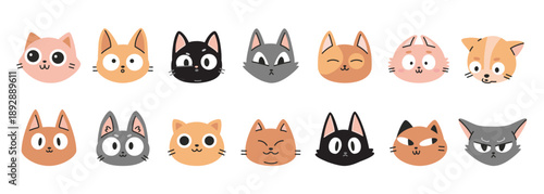Set of cute cat faces with different expressions. Happy, angry and surprised muzzles for stickers and emojis. Trendy modern vector illustration isolated on white background, hand drawn, flat design