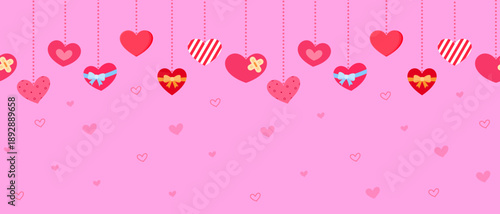 Seamless Valentine-themed pattern featuring hanging hearts in various styles, including ribbons, stripes, patches, and solid shapes with floating heart elements creates a cute and romantic atmosphere