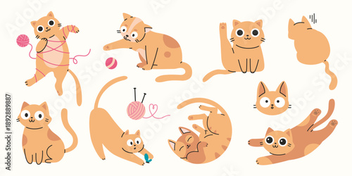 Set of playful ginger cats in different poses and actions. Trendy modern vector illustration isolated on white background, hand drawn, flat design